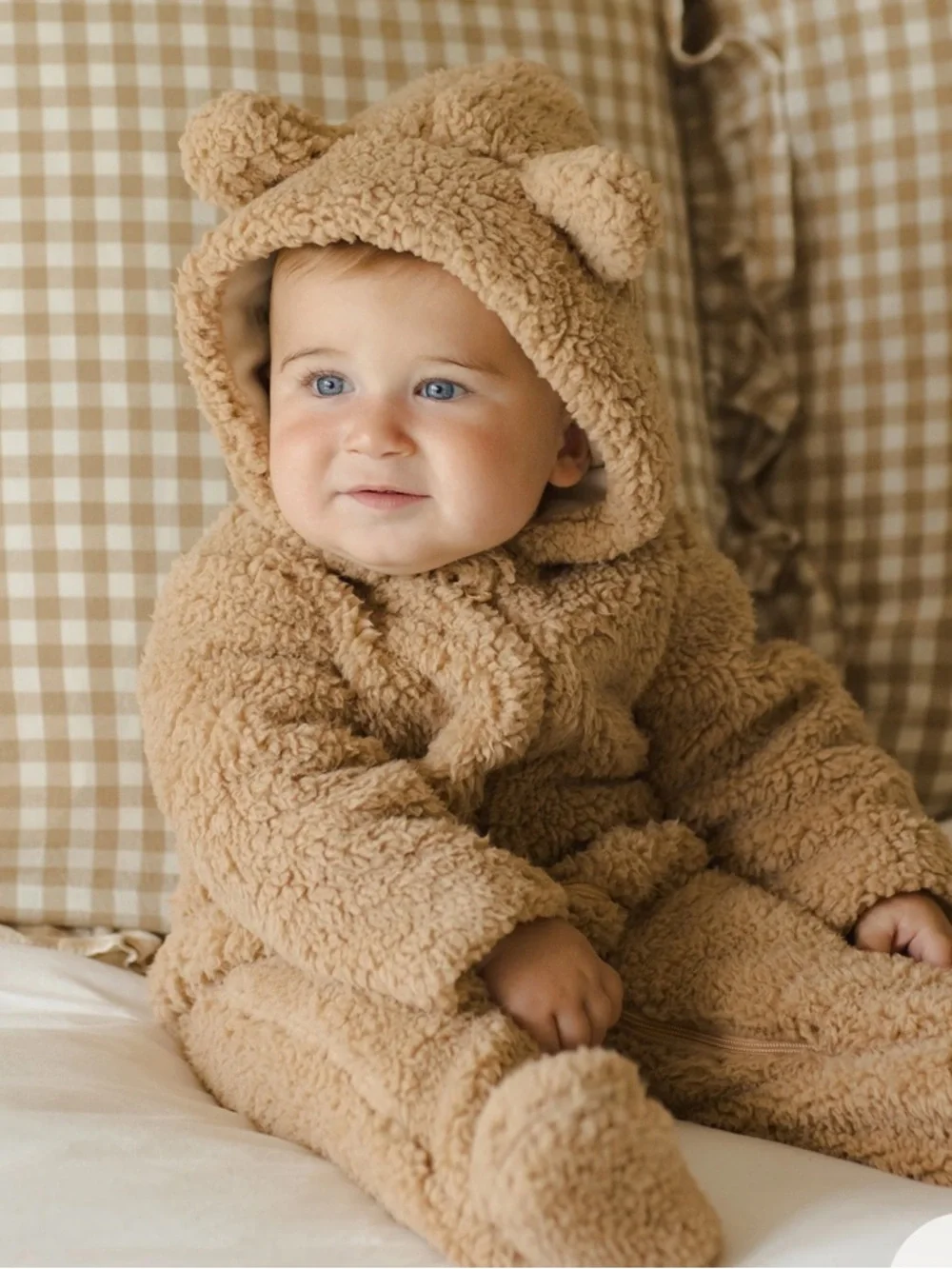 Quincy Mae Beige Fleece Baby One-Piece with Hooded Bear Ears - bear jumpsuit